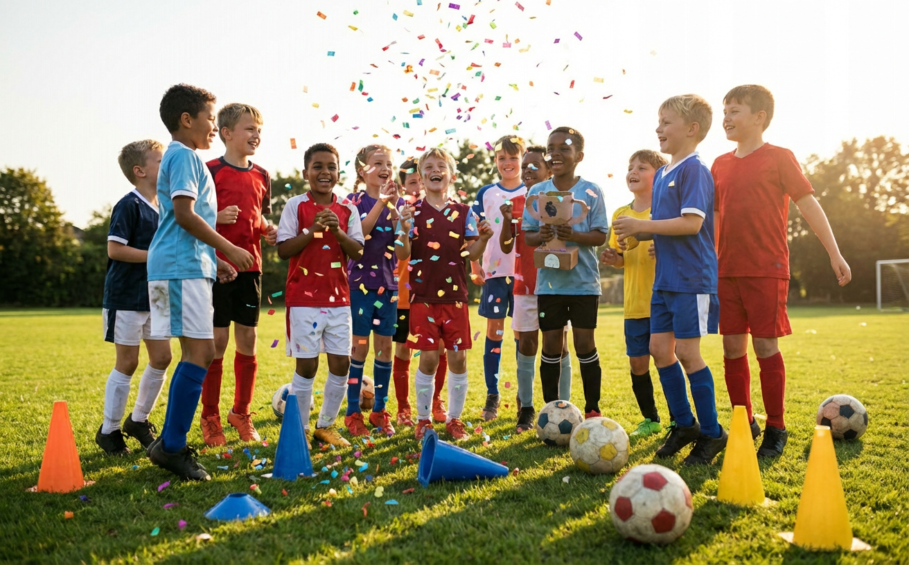 Kids celebrating a football birthday party with confetti